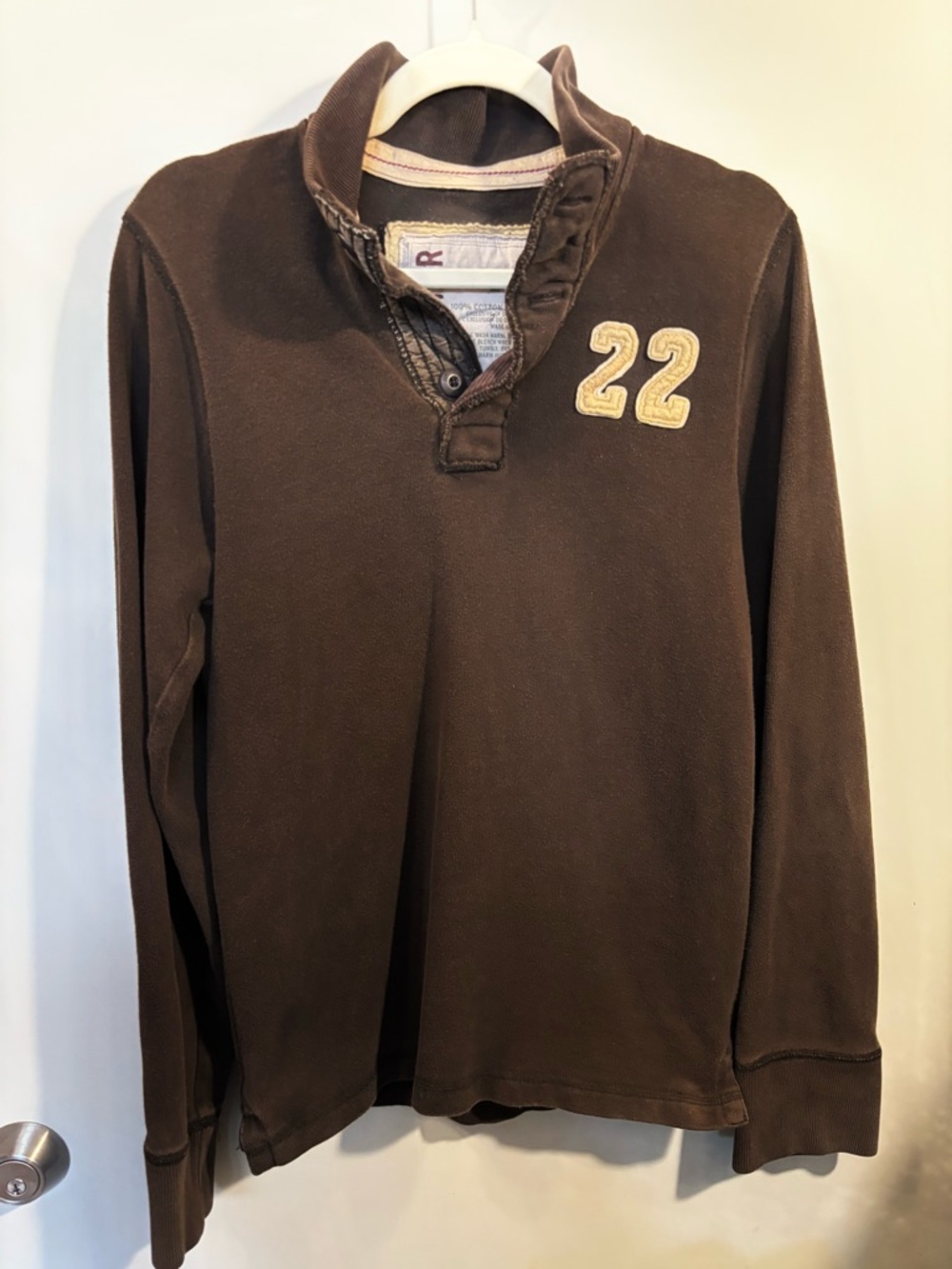 Hollister Vintage Brown Rugby 22 Patch Cotton Henley Pullover